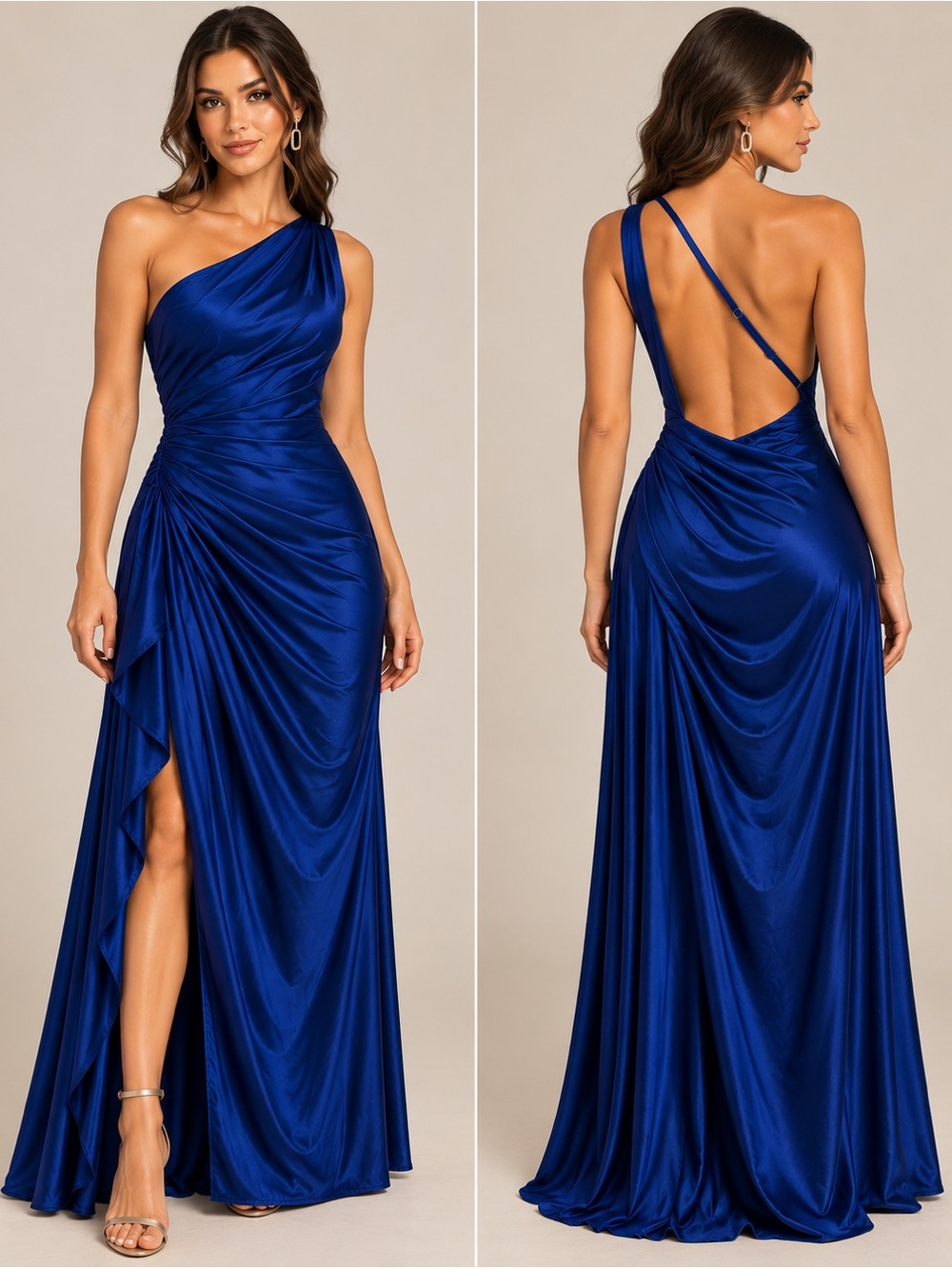 Royal Blue One Shoulder Ruched Open Back Maxi Dress Size Large
